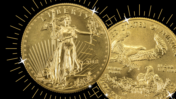 American Gold Eagle Coins. Obverse and reverse sides showing. Sparkling gold.