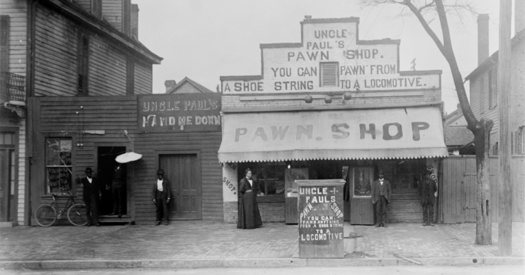 Pawn shop from the old West, where pawning jewelry likely occurred