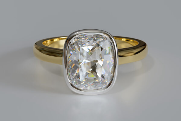 Solitaire cushion cut diamond engagement ring on white background.